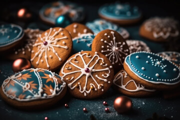 Obraz na płótnie Canvas Christmas homemade gingerbread cookies on the table. Sweet food. generative AI.