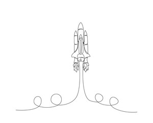 Rocket ship launch outline. Continuous one line drawing of rocket space ship. Editable stroke.