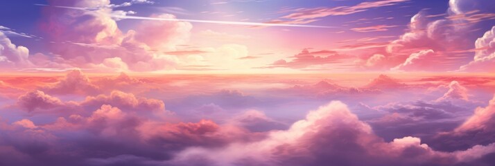 Naklejka na ściany i meble Ethereal Horizon: Captivating Panoramic Sky with Colorful Sunset and Floating Clouds (Generative Ai)