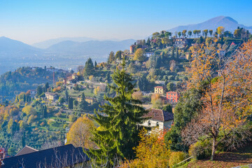 Obraz premium Italy, Bergamo, 14.10.2017:&nbsp;View of the city of Bergamo from the hill on a sunny day at sunset