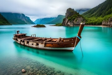 Obraz premium a stunning scene where an ancient shipwreck in a serene bay - AI Generative