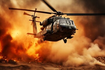 A generic military helicopter crossing through fire and smoke in the battlefield, Generative Ai