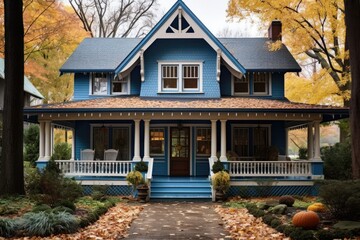 In autumn, the Blue Home features a wrap around porch. - obrazy, fototapety, plakaty