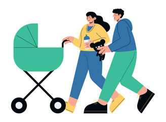 Happy couple of parents walking with their baby in a newborn stroller. Flat vector illustration of family and children grow up