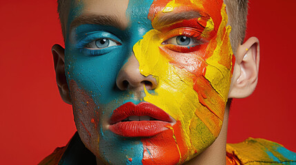 Redefining masculinity: mens make-up is the new norm, man paints lips, powders, paints eyelashes,