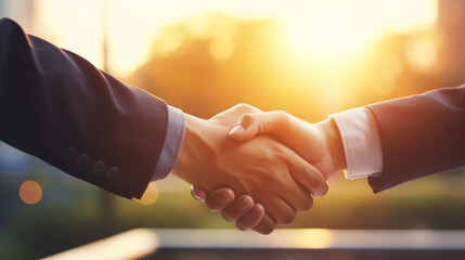 Businessmen handshake for teamwork, successful Business deal partnership concept with dramatic sunlight