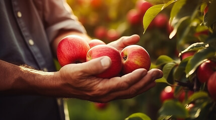 Close-up of old farmer man hands picking red apples fruits. Organic food, harvesting and farming concept image