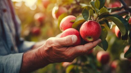 Close-up of old farmer man hands picking red apples fruits. Organic food, harvesting and farming concept image