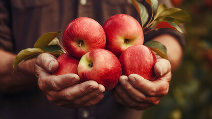 Close-up of old farmer man hands picking red apples fruits. Organic food, harvesting and farming concept image