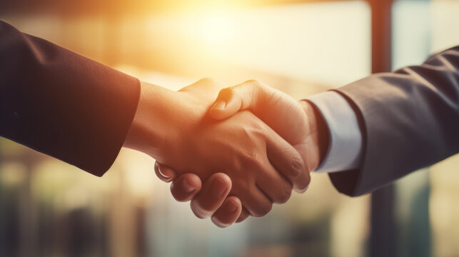 Businessmen handshake for teamwork, successful Business deal partnership concept with dramatic sunlight