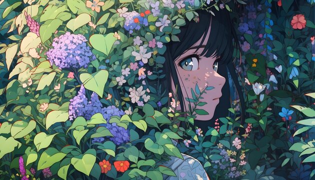 Anime Girl in Colorful Flower Forest in Anime Style. A Digital Painting. Generative AI