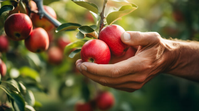 Close-up of old farmer man hands picking red apples fruits. Organic food, harvesting and farming concept image