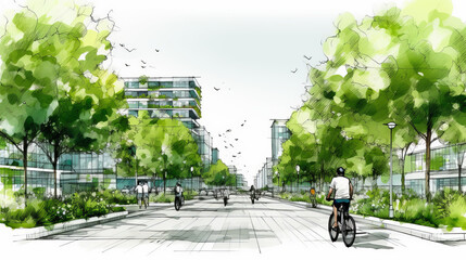 Drawing of street with sustainable urban design featuring eco-friendly elements, people on bicycle and modern buildings with green plants and trees