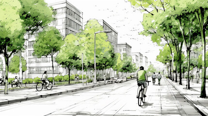 Drawing of street with sustainable urban design featuring eco-friendly elements, people on bicycle and modern buildings with green plants and trees