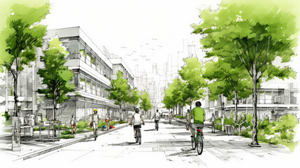 Drawing of street with sustainable urban design featuring eco-friendly elements, people on bicycle and modern buildings with green plants and trees