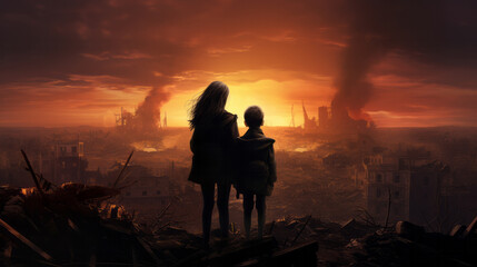 Fototapeta na wymiar Silhouette of a two children watching over their burned down hometown
