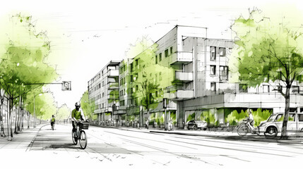 Drawing of street with sustainable urban design featuring eco-friendly elements, people on bicycle and modern buildings with green plants and trees