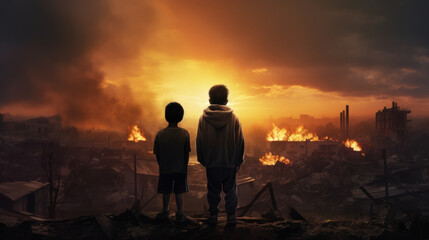 Silhouette of a two children watching over their burned down hometown - obrazy, fototapety, plakaty