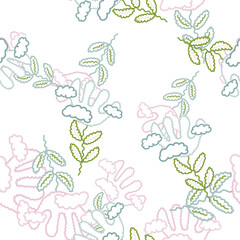 Cute unusual flower and cloud seamless pattern. Simple stylized flowers background.