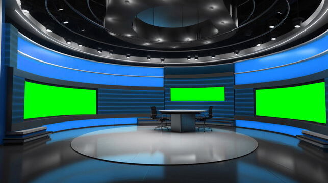 Tv Studio. Backdrop for TV shows .TV on wall. News studio. Generative AI technology.