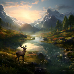Sunrise in the mountains with beautiful bull elk
