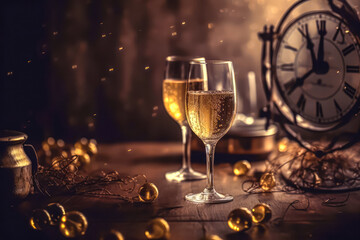 Champagne, clock close to midnight and Christmas decoration on holiday table. new year concept. generative AI.