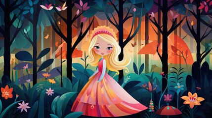 Cute and beautiful fairy tale princess in the woods forest background. Orange and green warm tone. Generative AI