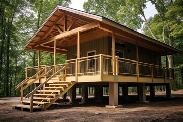 A recently constructed wooden cabin elevated on poles, featuring a spacious porch veranda.