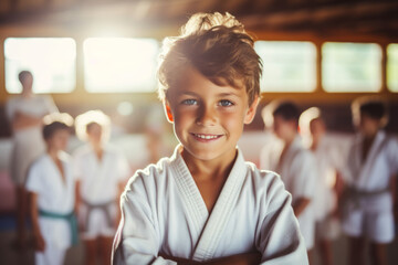 Fototapeta Happy European boy at Judo or Karate training lesson looking at camera obraz