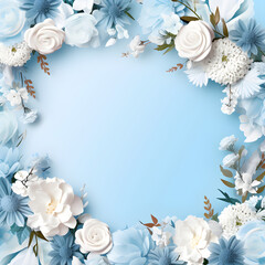 Banner with white and blue flowers on light blue background. Greeting card template for Wedding, mothers or woman's day. 