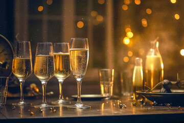  glasses with champagne on the table with Christmas decorations with a garland. generative AI.