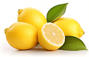 Fresh lemons with green leaves on white background. Healthy nutrition and vitamin C concept. Design...