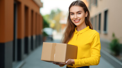 Happy delivery woman carrying a package , cheerful female courier holding a box