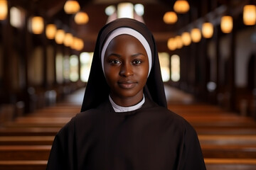 Portrait of a black african catholic nun in church background - obrazy, fototapety, plakaty