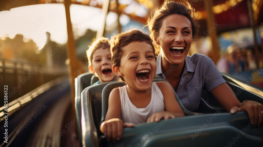 Wall mural Mother and two children family riding a rollercoaster at an amusement park experiencing excitement, joy, laughter, and fun