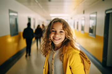 Happy smiling caucasian girl in the school corridor on her first day of school of the year looking at camera