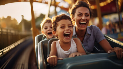 Mother and two children family riding a rollercoaster at an amusement park experiencing excitement, joy, laughter, and fun - obrazy, fototapety, plakaty