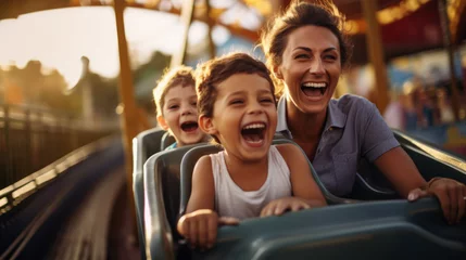 Wall murals Amusement parc Mother and two children family riding a rollercoaster at an amusement park experiencing excitement, joy, laughter, and fun
