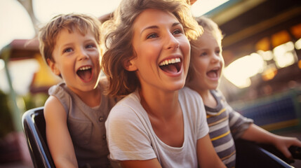 Fototapeta premium Mother and two children family riding a rollercoaster at an amusement park experiencing excitement, joy, laughter, and fun