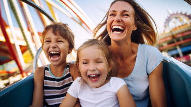 Mother And Two Children Family Riding A Rollercoaster At An Amusement Park Experiencing Excitement, Joy, Laughter, And Fun