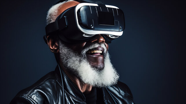 Old man wearing VR goggles or AR goggles, An elderly male wearing a Virtual Reality or Augmented Reality system and headphones - Powered by Adobe