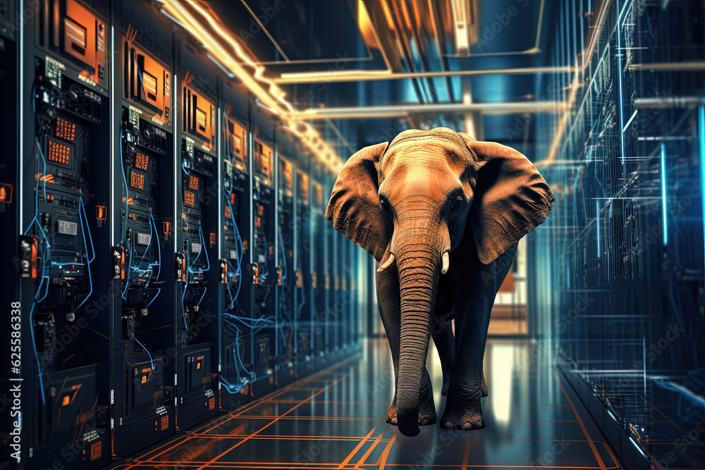Poster Elephant in the server room. Concept of the big data and digital fragility. Generated AI.