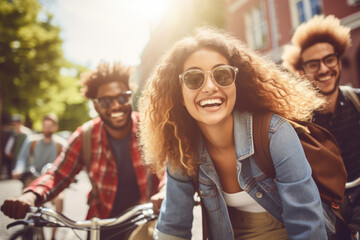 Happy group of young mix race people with backpack riding a bike in Amsterdam. Life style concept with friends having fun together on summer holiday