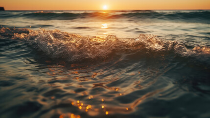 Fantastic closeup view of calm sea water waves with orange sunrise sunset sunlight. Tropical island beach landscape, exotic shore coast. Summer vacation, holiday amazing nature scenic. Relax paradise.