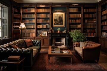 The library in the town house contains a well organized collection of books.