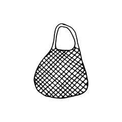 Mesh bag for fruits and vegetables. Reusable shopping bag. Doodle. Vector illustration. Hand drawn. Outline.