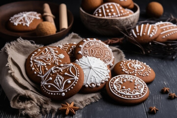 Obraz na płótnie Canvas Christmas homemade gingerbread cookies on the table. Sweet food. generative AI.