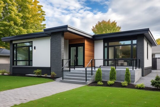Newly built expansive luxurious modern house located in the suburbs of Montreal, featuring partial furniture, a spacious backyard, vacant rooms, closets, basement, and garage.