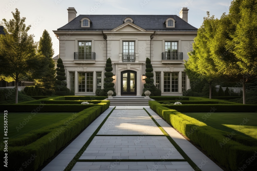 Wall mural Stunning fa�ade of a recently constructed opulent residence. The yard features impeccably manicured green turf, while a well designed pathway guides to the grand front door.