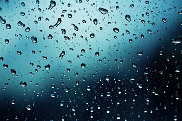 Raindrops on glass with a blue background.